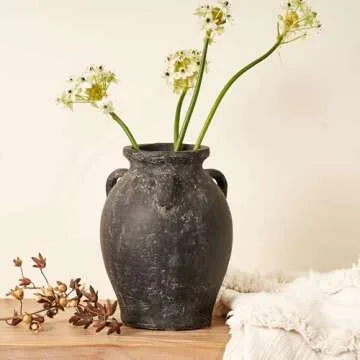 Terracotta Vase with 3 Ear | Handmade Black Ceramic Pottery 9.5'' Tall | Large Distressed Unique Vintage Vase | Rustic Farmhouse Pottery for Flowers | Textured | Wide Mouth | Centerpieces.