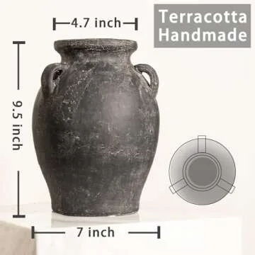 Terracotta Vase with 3 Ear | Handmade Black Ceramic Pottery 9.5'' Tall | Large Distressed Unique Vintage Vase | Rustic Farmhouse Pottery for Flowers | Textured | Wide Mouth | Centerpieces.