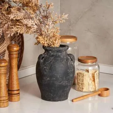 Terracotta Vase with 3 Ear | Handmade Black Ceramic Pottery 9.5'' Tall | Large Distressed Unique Vintage Vase | Rustic Farmhouse Pottery for Flowers | Textured | Wide Mouth | Centerpieces.