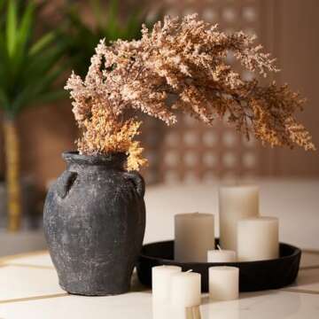 Terracotta Vase with 3 Ear | Handmade Black Ceramic Pottery 9.5'' Tall | Large Distressed Unique Vintage Vase | Rustic Farmhouse Pottery for Flowers | Textured | Wide Mouth | Centerpieces.