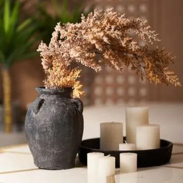 Terracotta Vase with 3 Ear | Handmade Black Ceramic Pottery 9.5'' Tall | Large Distressed Unique Vintage Vase | Rustic Farmhouse Pottery for Flowers | Textured | Wide Mouth | Centerpieces.