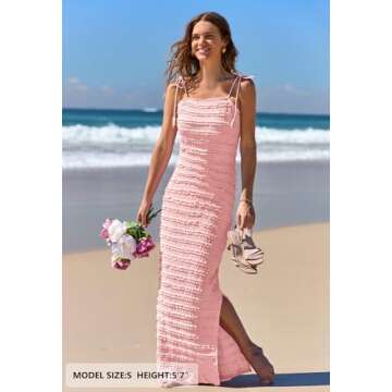 MEROKEETY Women's 2024 Tie Strap Backless Ruffle Slim Fit Side Slit Sexy Evening Club Party Maxi Dress, Pink, M