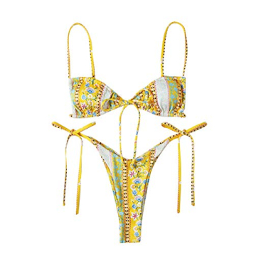 WDIRARA Women's Floral Print Tie Side Swimwear Straps Bikini Sets Swimsuits Yellow M