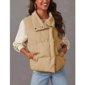 Himosyber Womens Puffer Vest Sleeveless Casual Loose Winter Warm Lightweight Stand Collar Down Jacket Coats (Khaki-M)