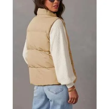 Himosyber Womens Puffer Vest Sleeveless Casual Loose Winter Warm Lightweight Stand Collar Down Jacket Coats (Khaki-M)
