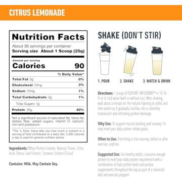 Isopure Clear Whey Isolate Protein Powder Infusions, Lactose Free, Gluten Free, Naturally Flavored, Citrus Lemonade, 20g Protein Per Serving, 1.9 Lb, 36 Servings