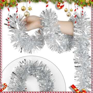 DECORA 33 Feet Silver Tinsel Garland, Christmas Metallic Hanging Tinsel Garland for Xmas Tree Home a...