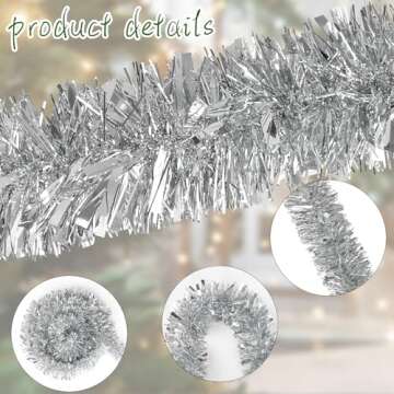 DECORA 33 Feet Silver Tinsel Garland, Christmas Metallic Hanging Tinsel Garland for Xmas Tree Home and Party Decoration