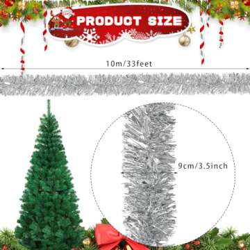 DECORA 33 Feet Silver Tinsel Garland, Christmas Metallic Hanging Tinsel Garland for Xmas Tree Home and Party Decoration