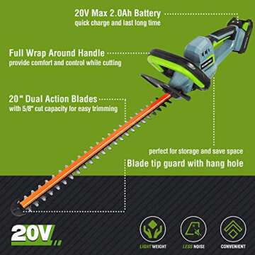 WORKPRO 20V Cordless Hedge Trimmer, 20" Dual Action Blades Electric Gardening Trimmer, 2.0Ah Battery...
