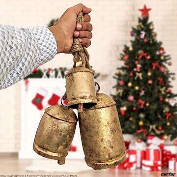 Carfar Shabby Chic Set of 3 Country Rustic Style Bells Handmade Metal Harmony Christmas Hanging Cow Bell Set on Jute Rope (Medium)