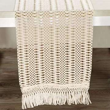 AerWo Macrame Table Runner Boho Woven Cotton Crochet Lace Farmhouse Moroccan Wedding Table Runner with Tassels for Bohemian, Dinner Rustic Table Top Bridal Shower, Wedding Table Decorations,108 Inches