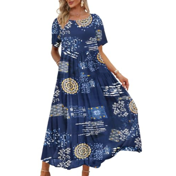 YESNO Women Casual Loose Bohemian Floral Dress with Pockets Short Sleeve Long Maxi Summer Beach Swin...