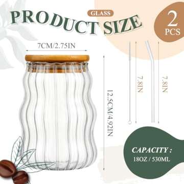 Domensi 2 Pcs 18 oz Creative Glass Cups with Lids and Straws Wave Shape Cute Drinking Cups Ribbed Cu...