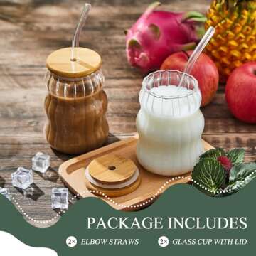 Domensi 2 Pcs 18 oz Creative Glass Cups with Lids and Straws Wave Shape Cute Drinking Cups Ribbed Cups Glass Tumblers Cups Vintage Ripple Glassware for Cocktail Juice Iced Coffee Tea Soda Milk