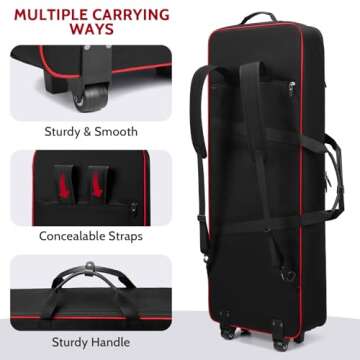 BOSSTIN 61 Key Keyboard Case with Wheels, Size: 43.5"x 6.5"x 16", Waterproof Padded Rolling Gig Bag ...