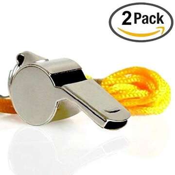 2 Pack of Stainless Steel Coach Whistle Emergency Survival Kit with Lanyard for Football Soccer Bask...