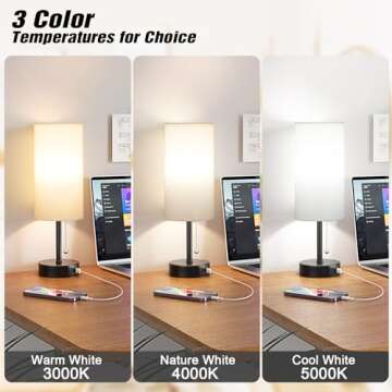 White Table Bedside Lamp for Bedroom Nightstand - Small Lamp with USB A + C Charging Port, 3 Color T...