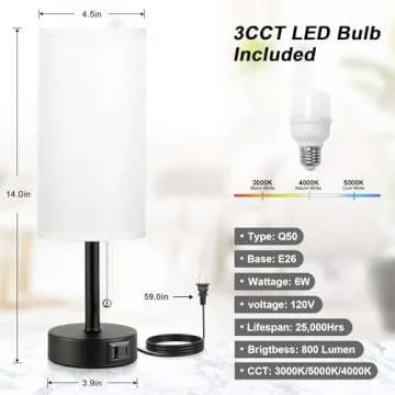White Table Bedside Lamp for Bedroom Nightstand - Small Lamp with USB A + C Charging Port, 3 Color Temperatures Pull Chain Night Stand Light with Bulb, Side Table Desk Reading Lamp for Living Room