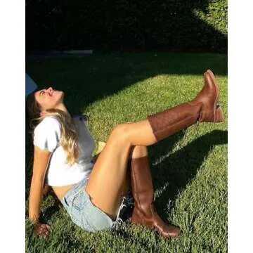 MUCCCUTE Brown Knee High Boots for Women Campus Boots Square Toe Fall Tall Chunky Block Low Heel Long PU Boots Pull On Size 7