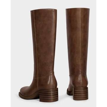 MUCCCUTE Brown Knee High Boots for Women Campus Boots Square Toe Fall Tall Chunky Block Low Heel Long PU Boots Pull On Size 7