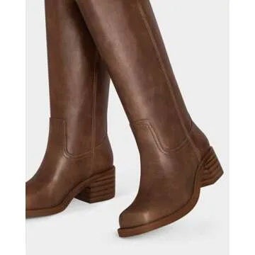 MUCCCUTE Brown Knee High Boots for Women Campus Boots Square Toe Fall Tall Chunky Block Low Heel Long PU Boots Pull On Size 7