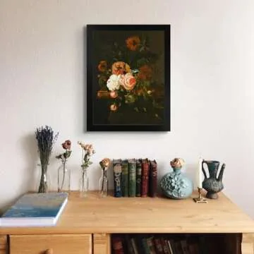 Lost Cabin Roses & Poppies & a Snail by Willem Van Aelst | Print in Black Flat Frame | Fine Artwork Painting Reproduction | Framed Wall Art Decor Poster Gift | Image: 12x16 Frame: 13.5x17.5