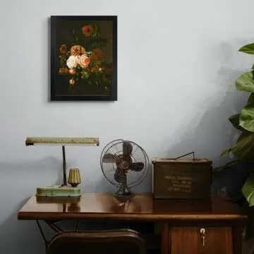 Lost Cabin Roses & Poppies & a Snail by Willem Van Aelst | Print in Black Flat Frame | Fine Artwork Painting Reproduction | Framed Wall Art Decor Poster Gift | Image: 12x16 Frame: 13.5x17.5