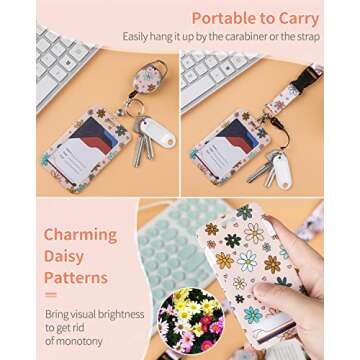 Uniclife Floral Sliding Badge Holder Colorful Flower Plastic Case with Retractable Badge Reel Carabiner Clip and Detachable Lanyard Strap Fashionable Vertical Card Protector for Women Teacher Student