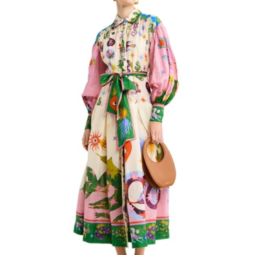 Floral Tea Party Dress for Women Printed Casual Dress Belted Long Sleeve Elegant Dress Lapel Lace Up Vintage Dress for Women Pink