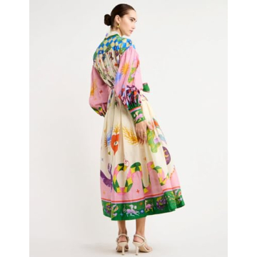 Floral Tea Party Dress for Women Printed Casual Dress Belted Long Sleeve Elegant Dress Lapel Lace Up Vintage Dress for Women Pink