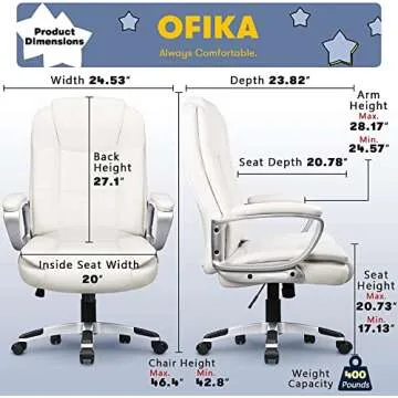 OFIKA Home Office Chair, 400LBS Big and Tall Chair Heavy Duty Design, Ergonomic High Back Cushion Lumbar Back Support, Computer Desk Chair, Adjustable Executive Leather Chair with Armrest