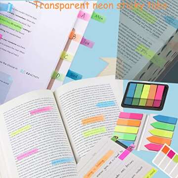 400 Pieces Transparent Sticky Index Tabs Neon Page Markers Book Tabs Flags Fluorescent Sticky Notes Highlighter Strips Page Labels for Books, Documents, Paper, Notebooks (4 Sets 5 Colors)