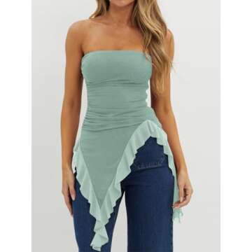 Imily Bela Womens Asymmetrical Tube Top Strapless Ruffle Hem Slim Fitted Shirts Y2K Going Out Tops M...