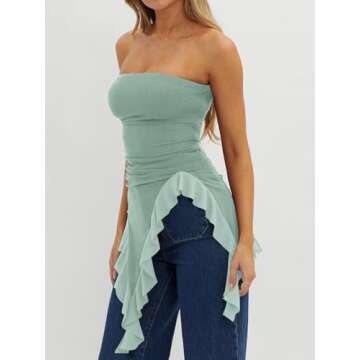 Imily Bela Womens Asymmetrical Tube Top Strapless Ruffle Hem Slim Fitted Shirts Y2K Going Out Tops Mint Green