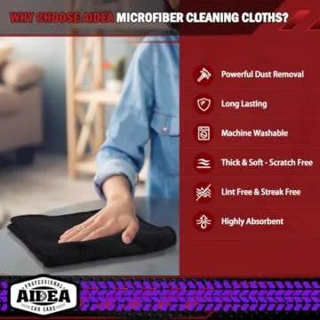 AIDEA Microfiber Cleaning Cloths Black 20PK, Microfiber Towels for Cars, Premium Car Cloth, Dusting Cloth Lint Free Cleaning Rags for SUVs, House, Kitchen, Window, Workshops,12×12"