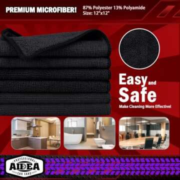 AIDEA Microfiber Cleaning Cloths Black 20PK, Microfiber Towels for Cars, Premium Car Cloth, Dusting Cloth Lint Free Cleaning Rags for SUVs, House, Kitchen, Window, Workshops,12×12"