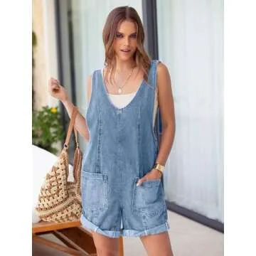 Glamaker Women's Summer Denim Romper Overall Shorts Casual Sleeveless V Neck Jean Romper Denim Outfi...