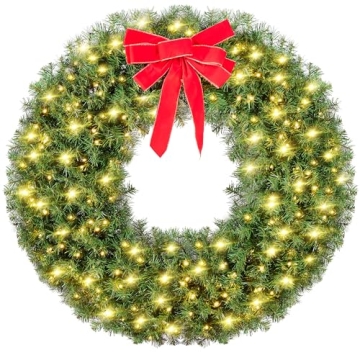 Yaheetech 48in Large Artificial Christmas Wreath, Pre-lit Holiday Accent Decoration with Red Bow, 20...