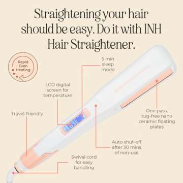 INH Hair Straightener Flat Iron | Ceramic 1.25" Dual Plate One Pass Flat Iron 450 Degrees for Professional Straightening & Home Styling | Portable Ionic Hair Straightener with Auto Shut Off for Travel