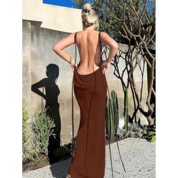 Volemo Women’s 2024 Summer Spaghetti Strap Bodycon Dresses Backless Sleeveless Maxi Cocktail Formal Dress Dress Brown M