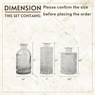 WILDMOS Glass Bud Vase Set of 3, Small Flower Vases for Decorative, Gradient Glass and Embossed Style Mini Glass Bottles for Home Decor, Vintage Glass Bottles for Centerpiece 3.3"-5.2''H(Clear)