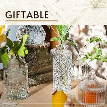 WILDMOS Glass Bud Vase Set of 3, Small Flower Vases for Decorative, Gradient Glass and Embossed Style Mini Glass Bottles for Home Decor, Vintage Glass Bottles for Centerpiece 3.3"-5.2''H(Clear)