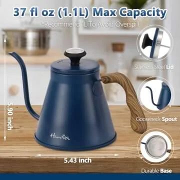 Gooseneck Kettle, Harriet 37oz Pour Over Kettle with Thermometer, Coffee kettle for Stovetop, Stainless Steel Kettle with 3-Layer Base, Anti-Hot Handle, for Drip Coffee & Tea