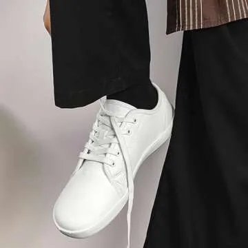RYNKOMA Men's Women's Leather Wide Toe Barefoot Dress Sneakers Lace-Up Minimalist Zero Drop Lightweight Comfortable Oxford Shoes Summer Outdoor Travel Walking Driving Shoes (White,7,Men,5)