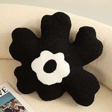 Sofa Pillow Waist Cushion Back Plush Flower Special-Shaped Pillow (Black and White)