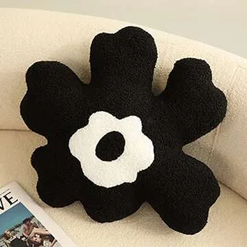 Sofa Pillow Waist Cushion Back Plush Flower Special-Shaped Pillow (Black and White)