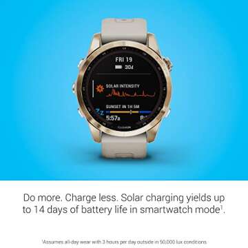 Garmin fenix 7S Sapphire Solar, Smaller adventure smartwatch, with Solar Charging Capabilities, Rugged watch with GPS, touchscreen, wellness features, cream gold titanium with light sand band