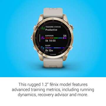 Garmin fenix 7S Sapphire Solar, Smaller adventure smartwatch, with Solar Charging Capabilities, Rugged watch with GPS, touchscreen, wellness features, cream gold titanium with light sand band
