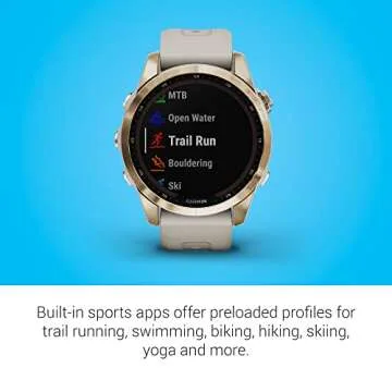 Garmin fenix 7S Sapphire Solar, Smaller adventure smartwatch, with Solar Charging Capabilities, Rugged watch with GPS, touchscreen, wellness features, cream gold titanium with light sand band